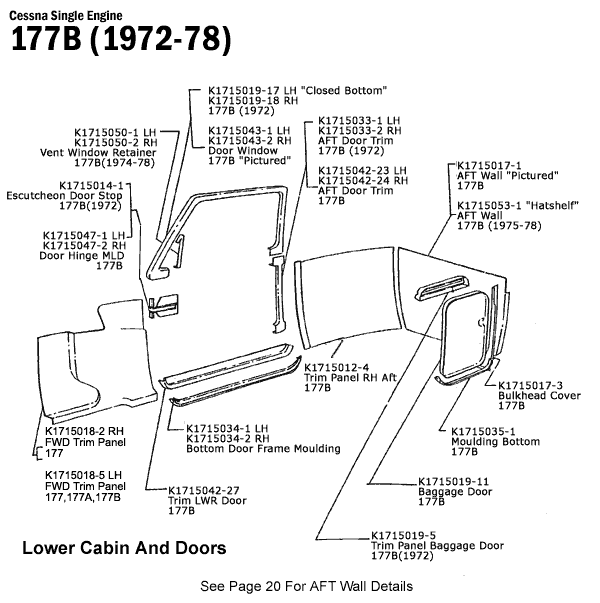 Cessna Single Engine
177B (1972-78)
K1715050-1 LH
K1715050-2 RH
Vent Window Retainer
1778(1974-78)
K1715014-11
Escutcheon Door Stop
177B(1972)
K1715047-1 LHJ
K1715047-2 RH
Door Hinge MLD
177B
K1715019-17 LH "Closed Bottom"
K1715019-18 RH
177B (1972)
K1715043-1 LH
K1715043-2 RH
Door Window
177B "Pictured"
K1715033-1 LH
K1715033-2 RH
AFT Door Trim
177B (1972)
K1715042-23 LH
K1715042-24 RH
AFT Door Trim
177B
-K1715017-1
AFT Wall "Pictured"
177B
K1715053-1 "Hatshelf"
-AFT Wall
177B (1975-78)
K1715012-4
Trim Panel RH Aft,
177B
K1715018-2 RH
FWD Trim Panel
177
K1715018-5 LH
FWD Trim Panel
177,177A,177B
K1715034-1 LH
K1715034-2 RH
Bottom Door Frame Moulding
*K1715042-27
Trim LWR Door
177B
-K1715017-3
Bulkhead Cover
177B
K1715035-1
Moulding Bottom
177B
K1715019-11
Baggage Door
177B
Lower Cabin And Doors
K1715019-5
Trim Panel Baggage Door
177B(1972)
See Page 20 For AFT Wall Details